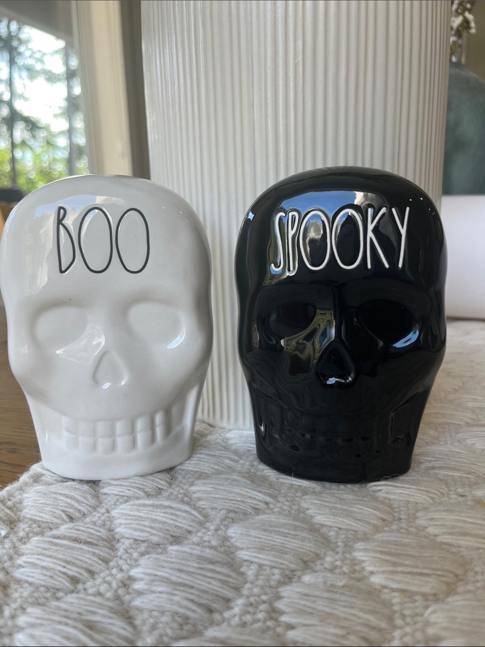 NWOT Rae Dunn White & Black Ceramic Skull Pair - BOO & SPOOKY
